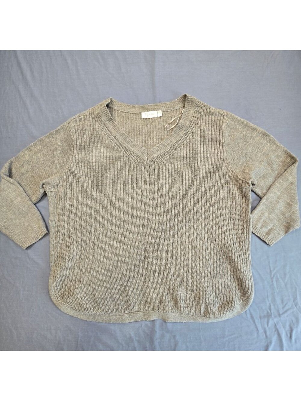 2X Ribbed Knit Sweater Taupe V Neck Long Sleeve Relaxed Basic Minimalist